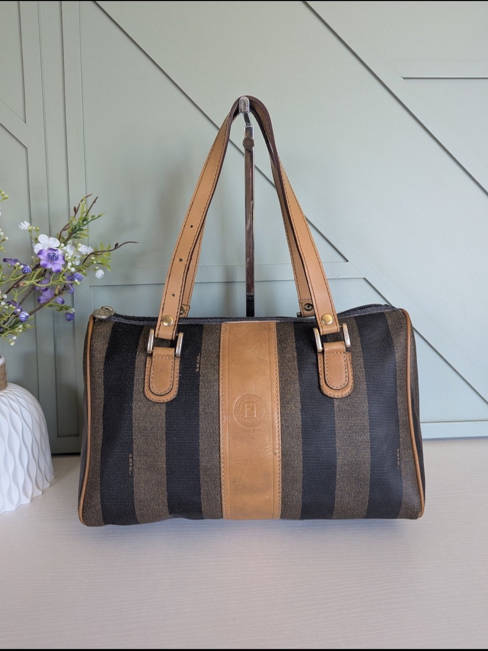 Fendi Black and Tan Striped Shoulder Bag